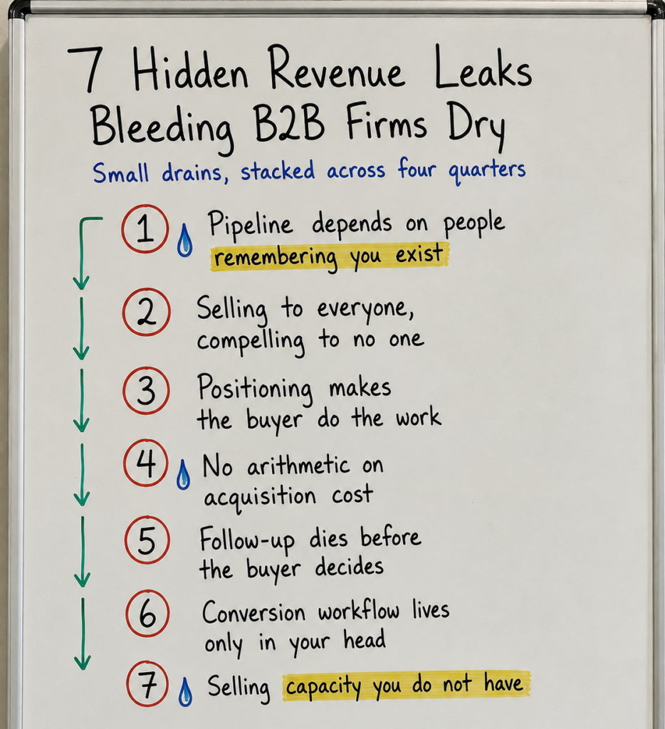 revenue leaks b2b revenue system infographic showing 7 hidden drains